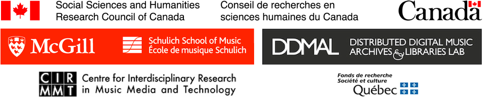 Combined logos: Social Sciences and Humanities Research Council of Canada;
                     Schulich School of Music, McGill University; Distributed Digital Music Archives and Libraries Lab;
                     Centre for Interdisciplinary Research in Music Media and Technology; Fonds de recherche du Québec
                     – Société et culture